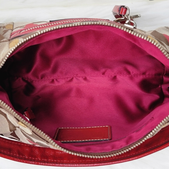 Coach Poppy Monogram Gold Sparkle Dots. Red Hearts &Trim Bag - Picture 11 of 16